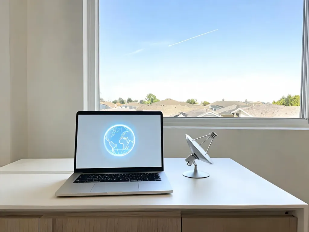 Nowoczesne domowe biuro z laptopem i miniaturową anteną satelitarną, symbolizujące internet Starlink w spokojnym osiedlu.