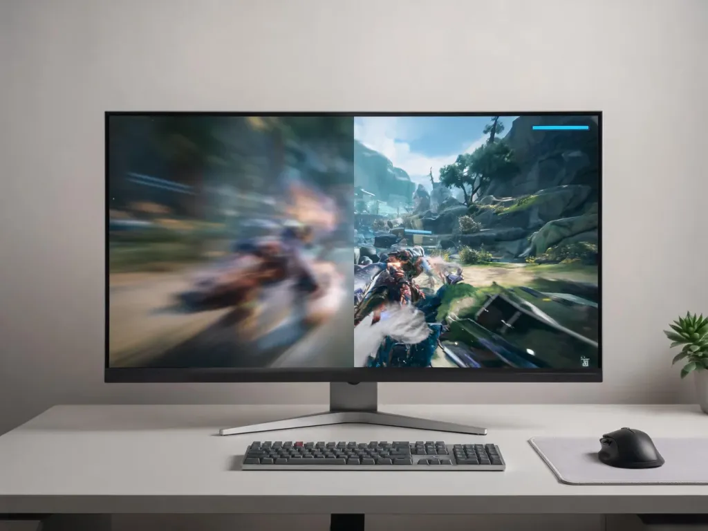 Porównanie monitora 60Hz i 144Hz: lewa strona z rozmazanym ruchem, prawa wyraźna i płynna scena gry