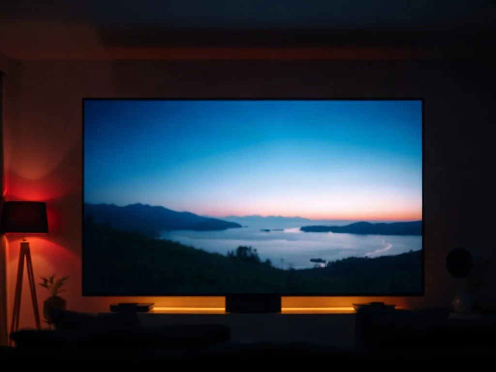 Nowoczesny telewizor w przyciemnionym salonie z subtelnym podświetleniem LED, idealny do wieczornych seansów.