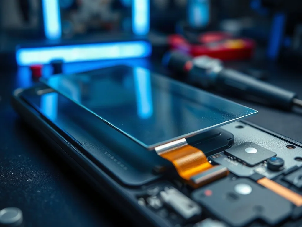 Rozłożony ekran smartfona z widoczną warstwą dotykową digitizera oddzieloną od panelu wyświetlacza LCD.