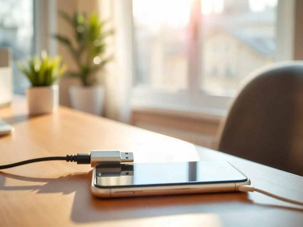 Nowoczesna ładowarka USB-C na minimalistycznym biurku w świetle poranka, gotowa do zasilenia smartfona.