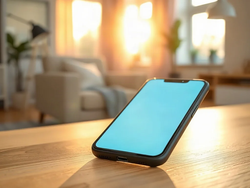 Smartfon z uproszczonym, czytelnym interfejsem leżący na drewnianym biurku w przytulnym, słonecznym wnętrzu.