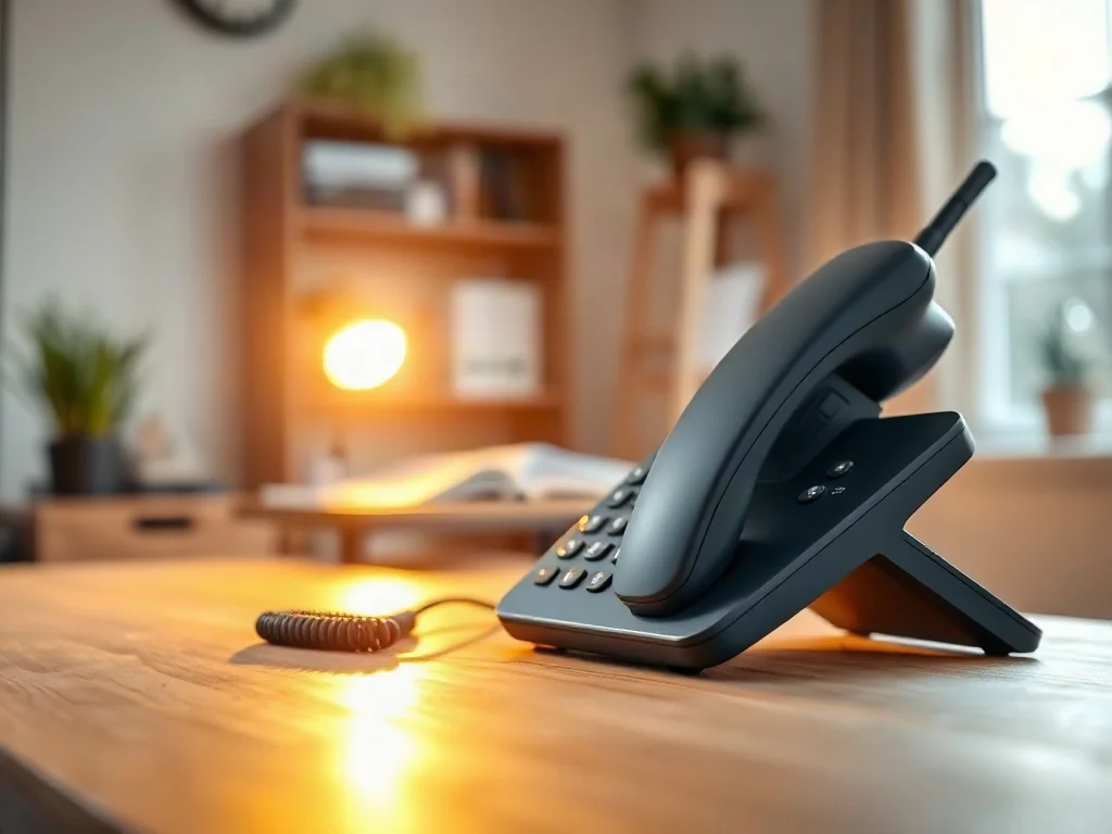 Nowoczesna słuchawka telefonu bezprzewodowego na drewnianym biurku w domowym biurze.