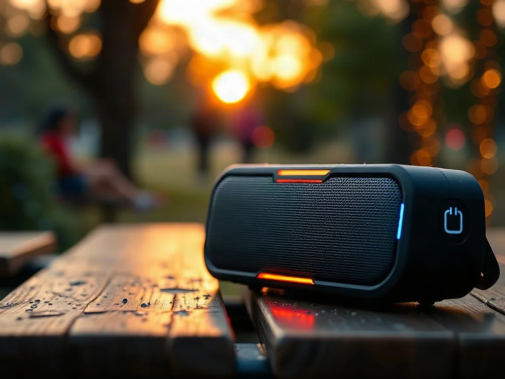 Nowoczesny głośnik Bluetooth z podświetleniem LED na drewnianym stole w plenerze podczas zachodu słońca.