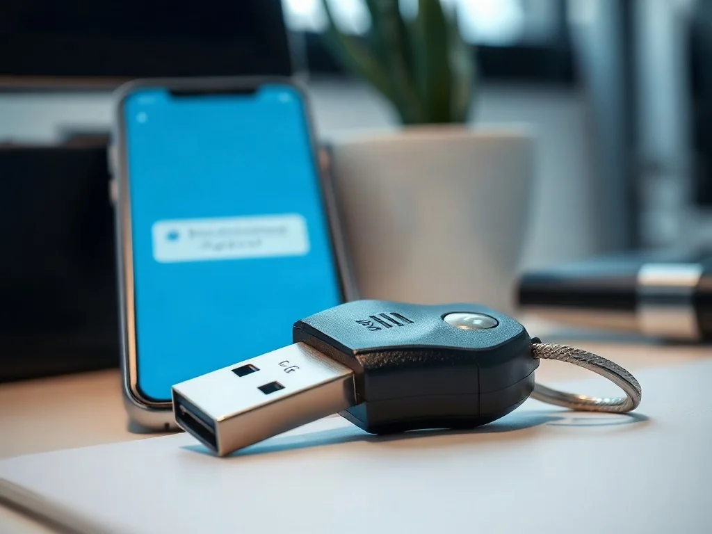 Fizyczny klucz bezpieczeństwa USB na biurku obok smartfona z powiadomieniem o weryfikacji dwuetapowej.