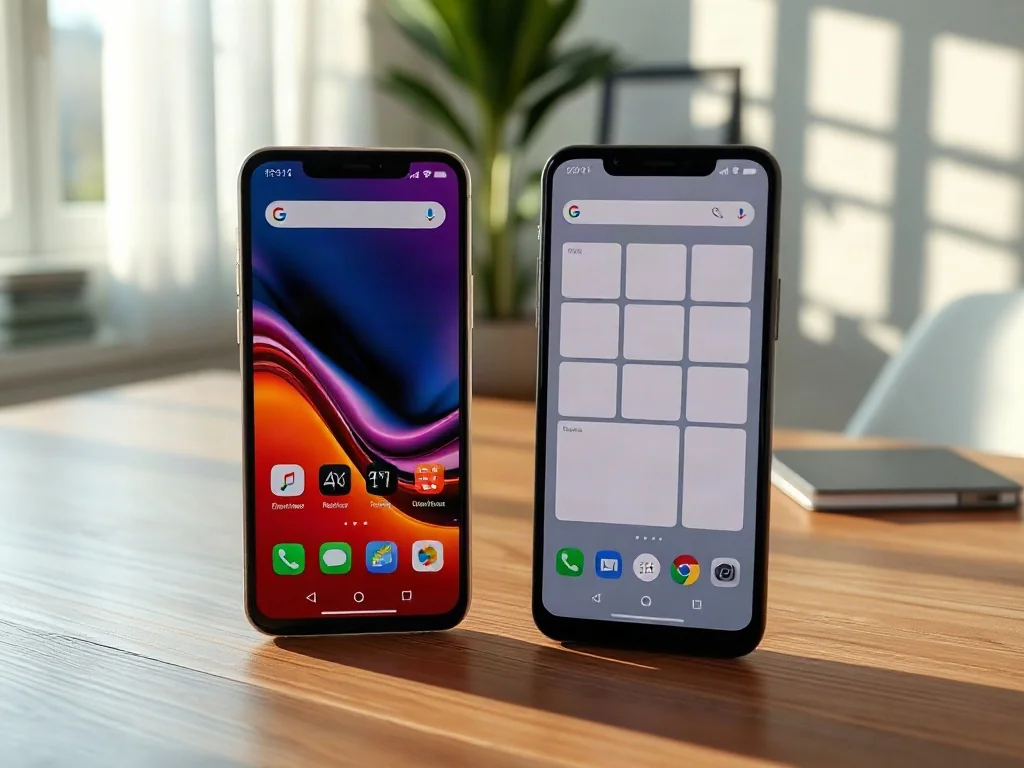 Dwa nowoczesne smartfony z systemami Android i iOS leżące na drewnianym biurku, prezentujące różnice w interfejsie użytkownika.