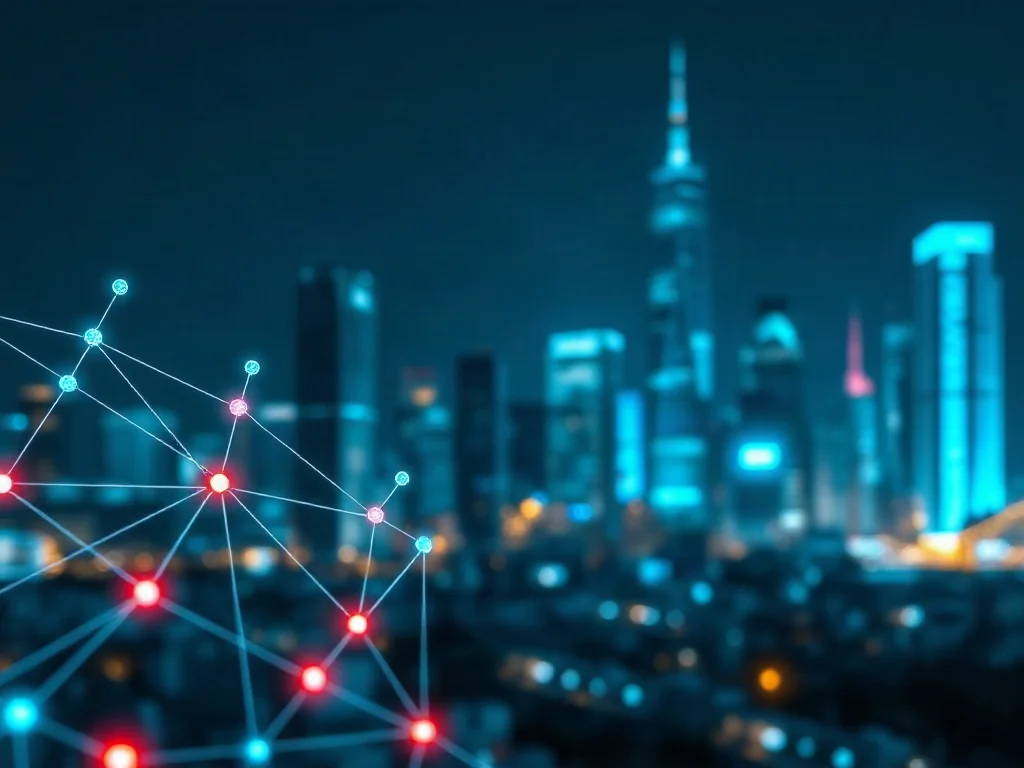 Cyfrowa wizualizacja sieci 5G z przesyłem danych na tle nowoczesnego miasta, symbolizująca łączność technologiczną.