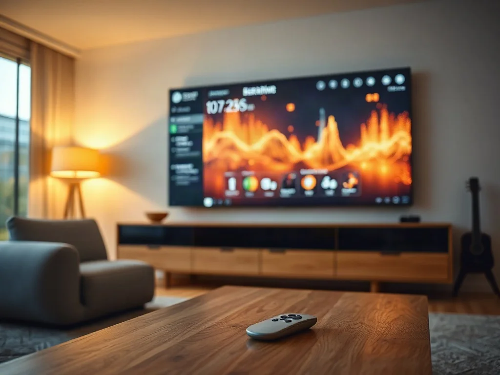 Nowoczesny salon z telewizorem wyświetlającym interfejs systemu smart home, pełniący rolę centrum zarządzania domem.