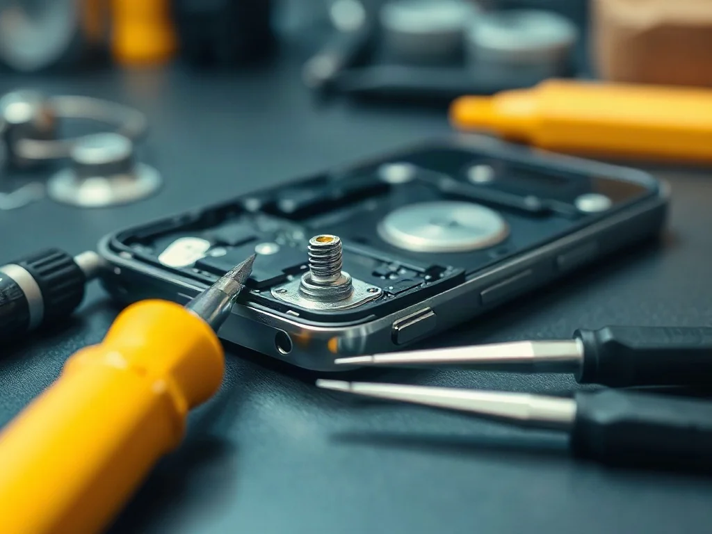 Rozłożony mechanizm slidera telefonu z precyzyjnymi narzędziami naprawczymi na ciemnym blacie.