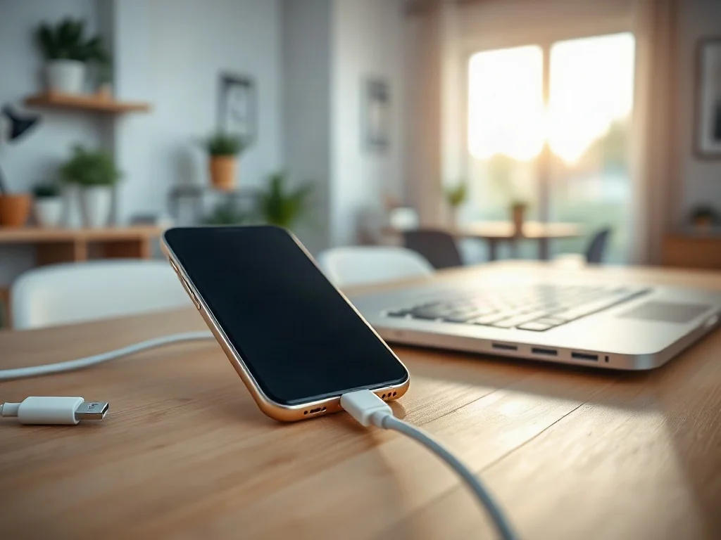 Smartfon podłączony kablem USB-C do laptopa na drewnianym biurku, ilustrujący proces przesyłania plików.