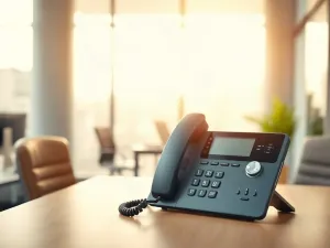 Bezprzewodowa słuchawka DECT spoczywająca obok stacji ładującej na drewnianym biurku.