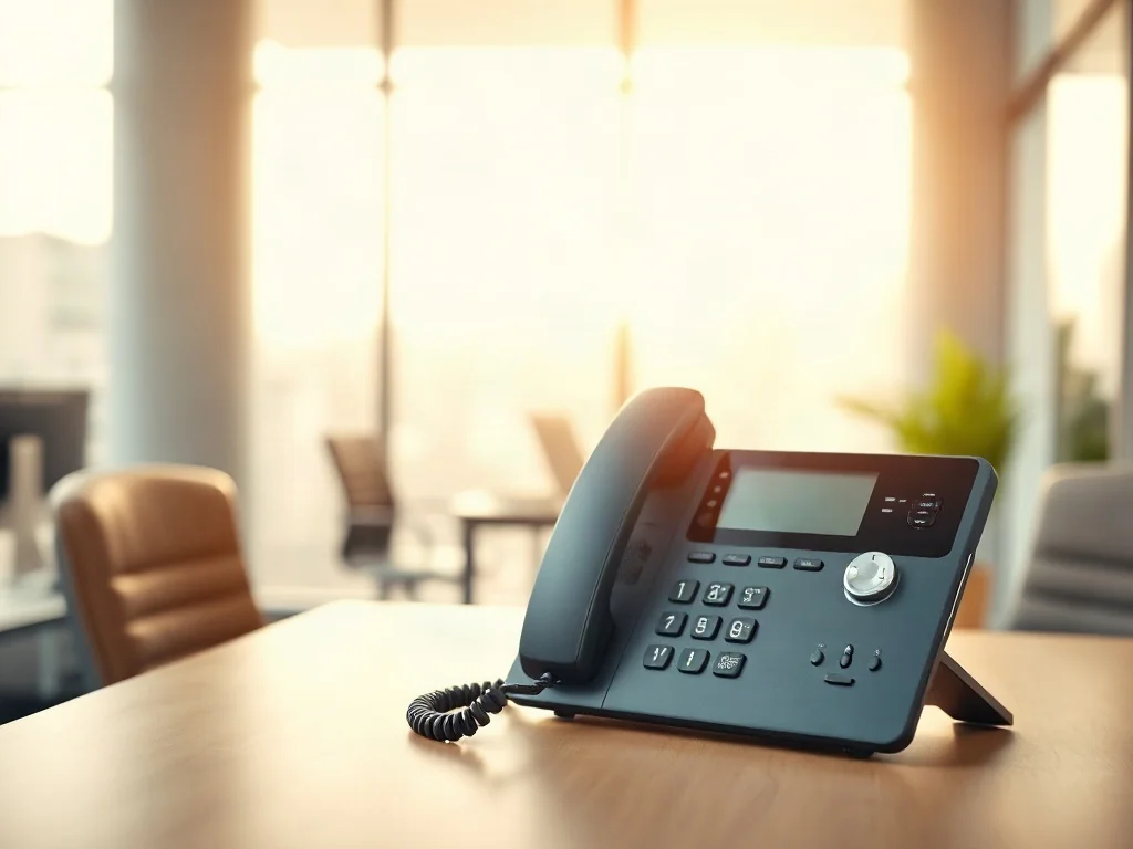 Nowoczesny telefon przewodowy i bezprzewodowy DECT na biurku w biurze, prezentujące opcje komunikacji w miejscu pracy.