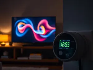 Smartfon bezprzewodowo przesyłający obraz na nowoczesny telewizor w przytulnym salonie, ilustrujący działanie funkcji AirPlay.