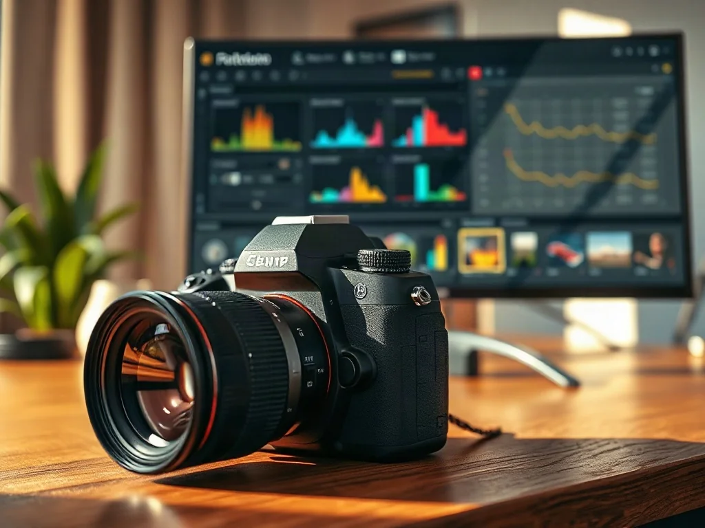 Profesjonalny aparat z obiektywem na biurku, a w tle monitor z programem do edycji plików RAW.