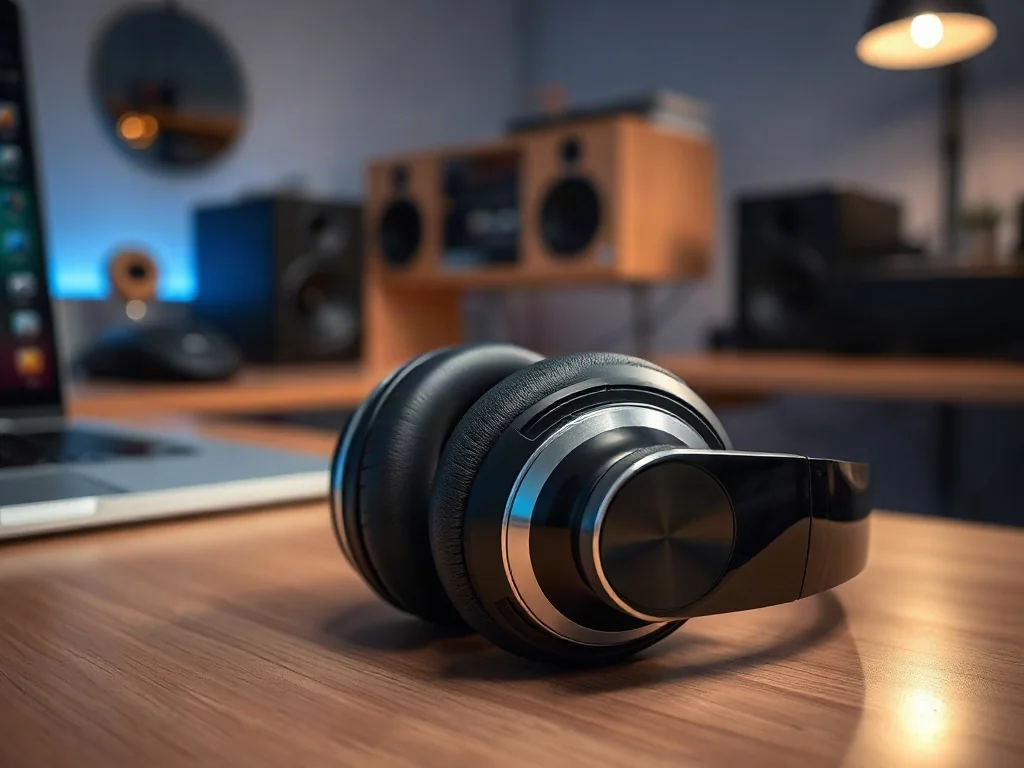 Wysokiej klasy słuchawki bezprzewodowe na drewnianym biurku, podkreślające jakość wykonania sprzętu audio.