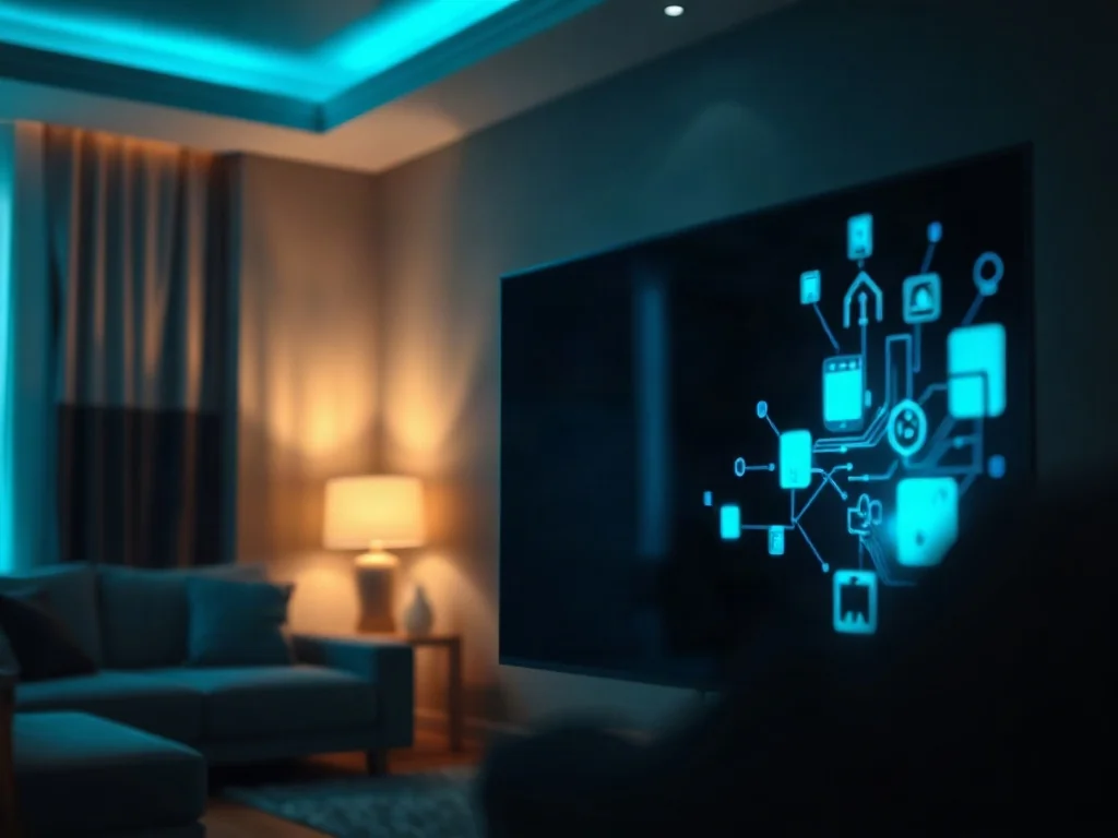 Nowoczesny telewizor z minimalistycznym interfejsem systemu webOS w przytulnym salonie.