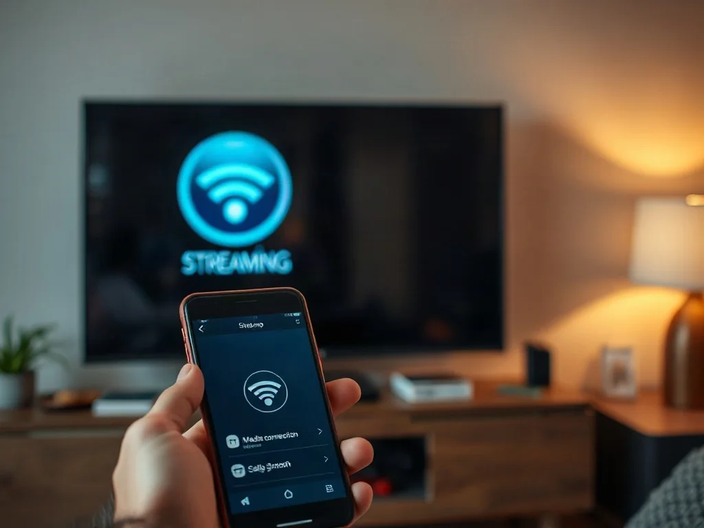 Smartfon łączący się bezprzewodowo z nowoczesnym telewizorem za pomocą funkcji AirPlay w przytulnym salonie.