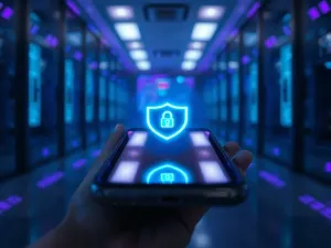 Zbliżenie na ekran nowoczesnego smartfona z wyraźnym interfejsem w wieczornej scenerii biurowej.