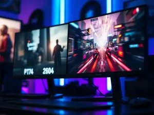 Pilot do telewizora z ikoną mikrofonu oraz ekran z wizualizacją rozpoznawania głosu, symbolizujące obsługę głosową TV.