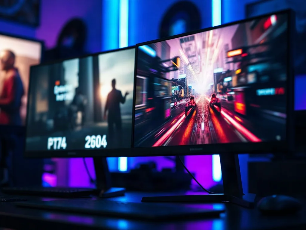 Porównanie dwóch monitorów gamingowych: po lewej obraz z rozmytym ruchem (60Hz), po prawej płynny i ostry obraz (120Hz).