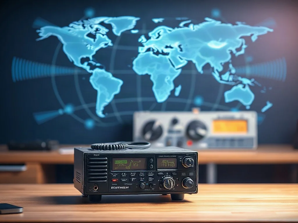 Nowoczesny radiotelefon wysokiej częstotliwości na drewnianym biurku z cyfrową wizualizacją fal radiowych w tle.