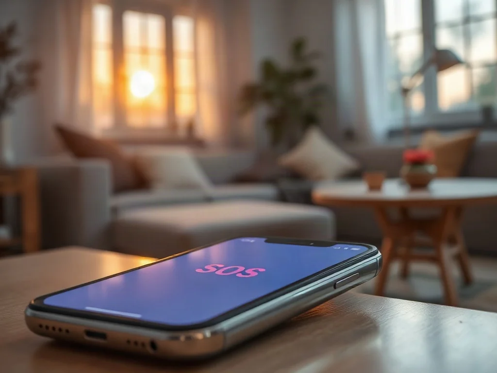 Smartfon z widoczną ikoną alarmową SOS na ekranie, leżący na drewnianym biurku w przytulnym wnętrzu.