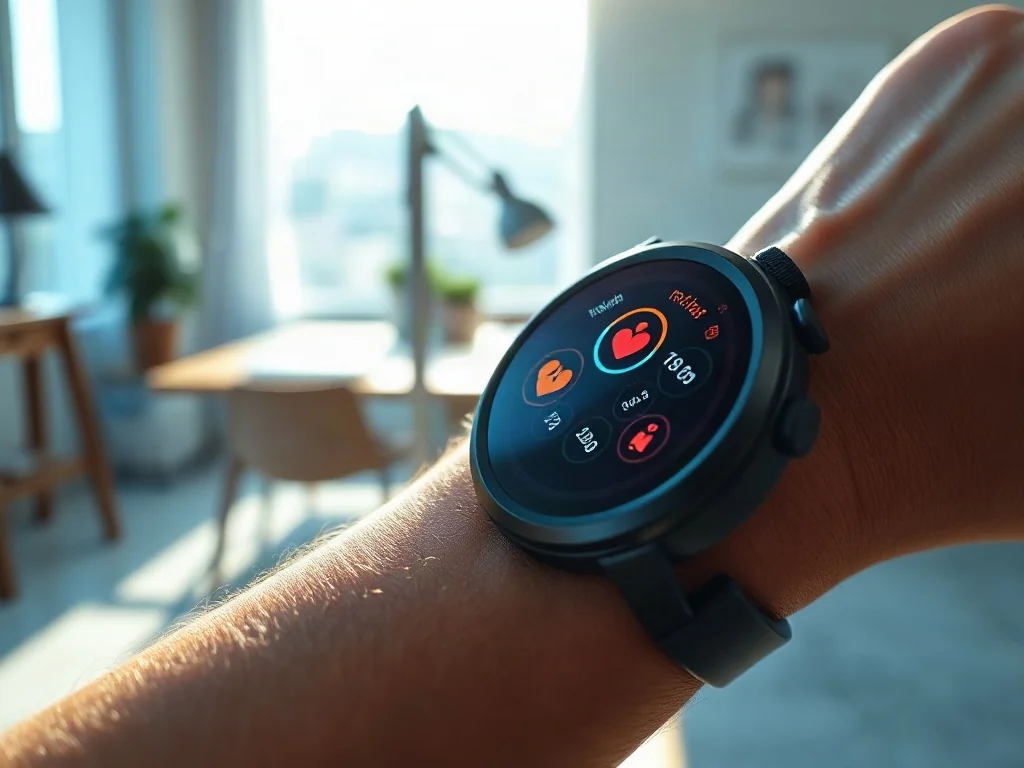 Nowoczesny smartwatch na nadgarstku wyświetlający dane o tętnie i statystyki zdrowotne w domowym biurze.