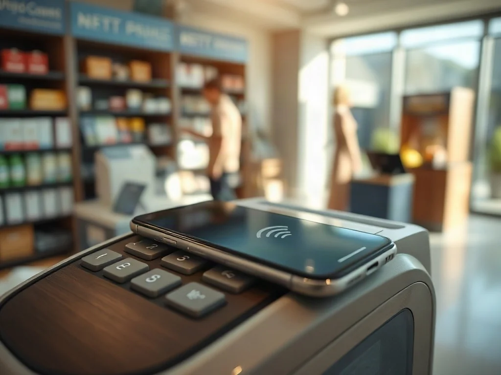 Nowoczesny smartfon zbliżony do terminala płatniczego, ilustrujący proces płatności bezdotykowej NFC.
