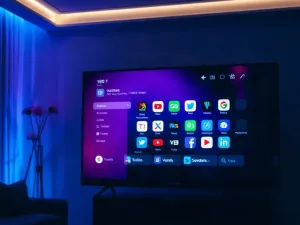 Dłoń trzymająca smartfon z eleganckim, metalowym uchwytem typu ring na tle przytulnego, wieczornego biurka.
