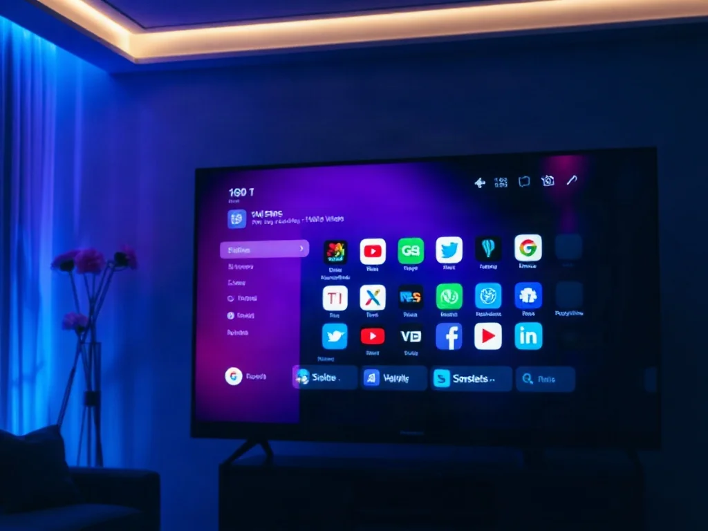 Ekran nowoczesnego telewizora Smart TV z widocznym interfejsem pełnym kolorowych ikon popularnych aplikacji.