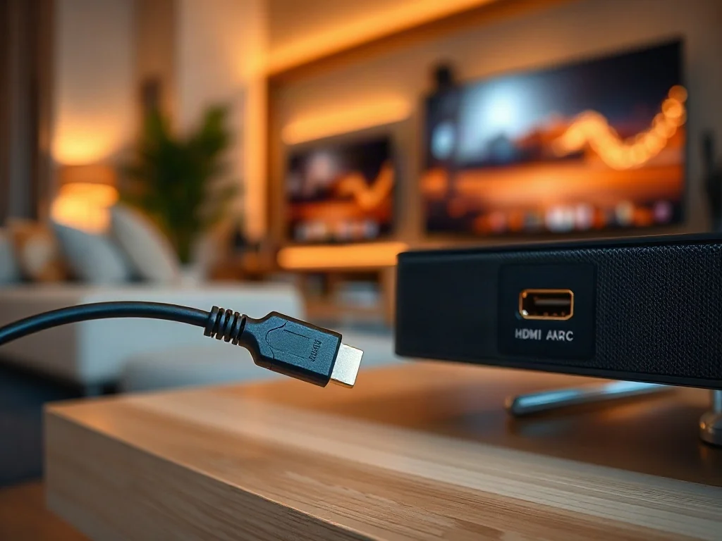 Kabel HDMI podłączony do portu ARC w soundbarze i telewizorze, ilustrujący sposób przesyłania dźwięku w kinie domowym.