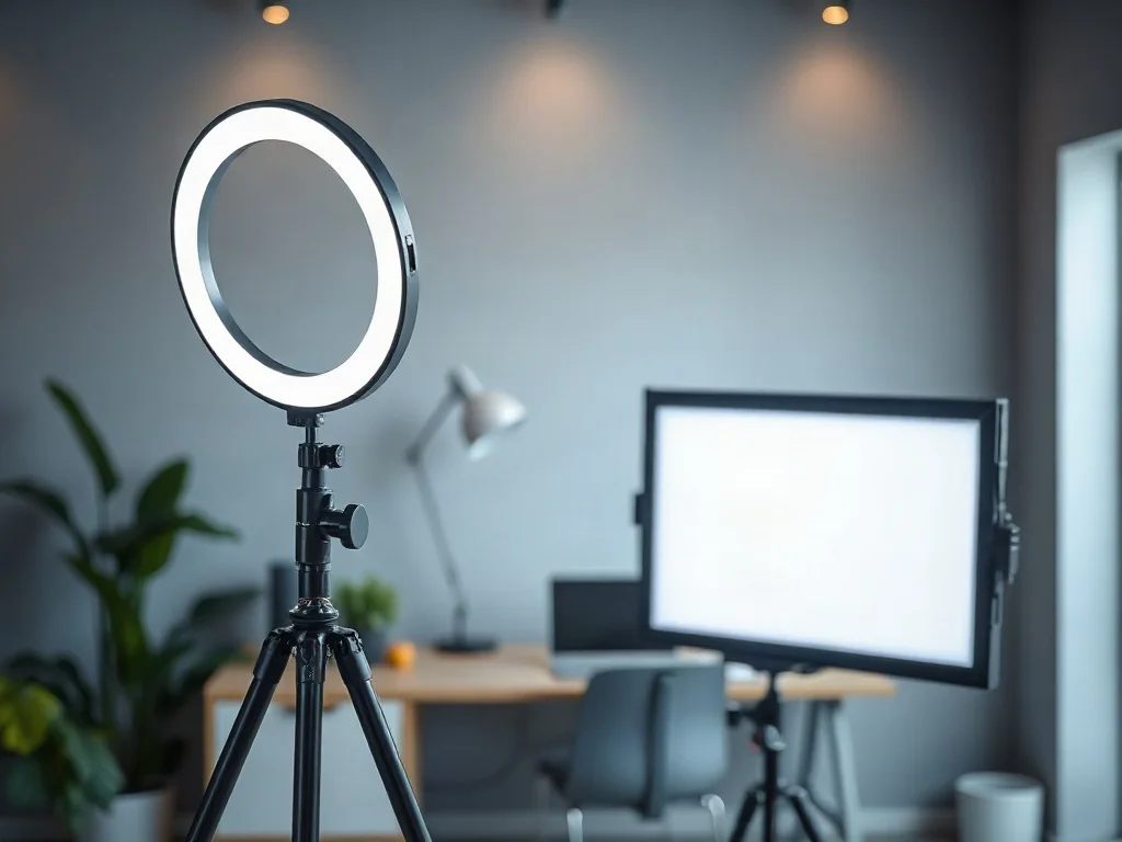 Lampa pierścieniowa oraz profesjonalny panel LED na statywach w nowoczesnym domowym studiu nagraniowym.