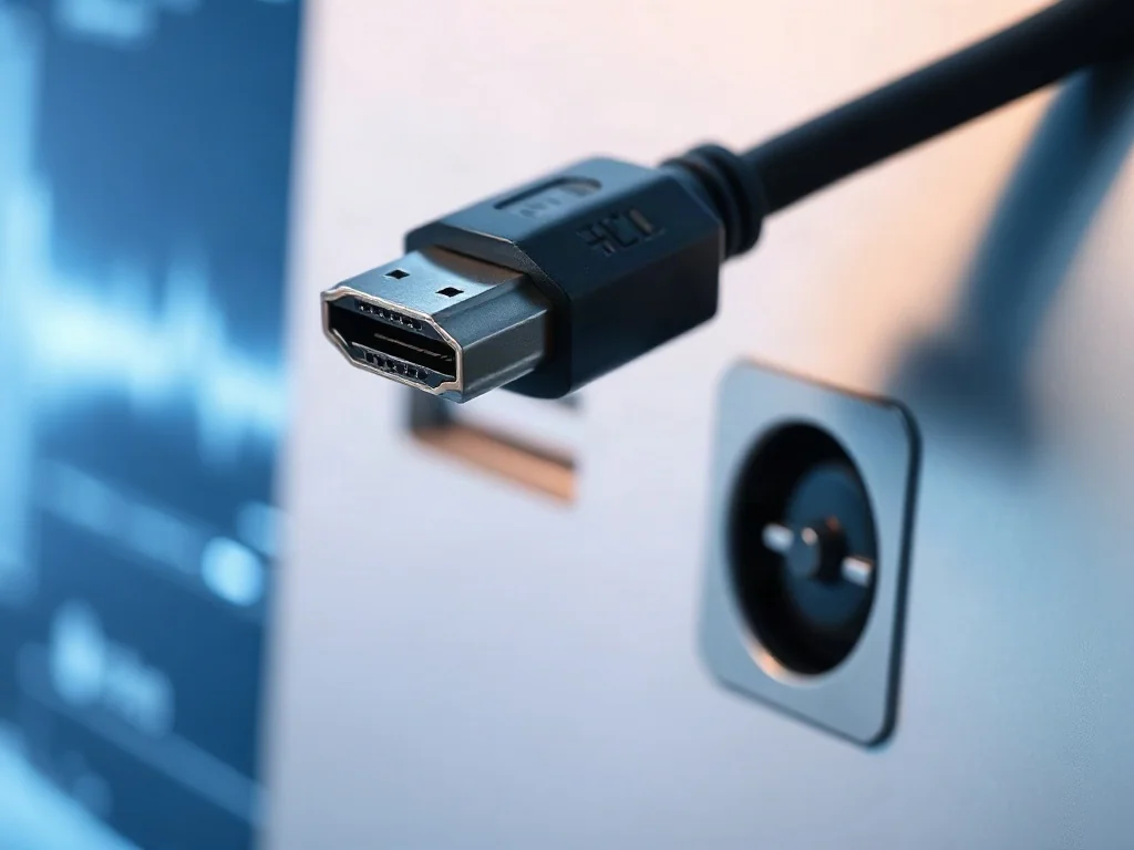 Wtyczka kabla HDMI wkładana do portu nowoczesnego telewizora, ilustrująca proces poprawnego podłączania sprzętu.