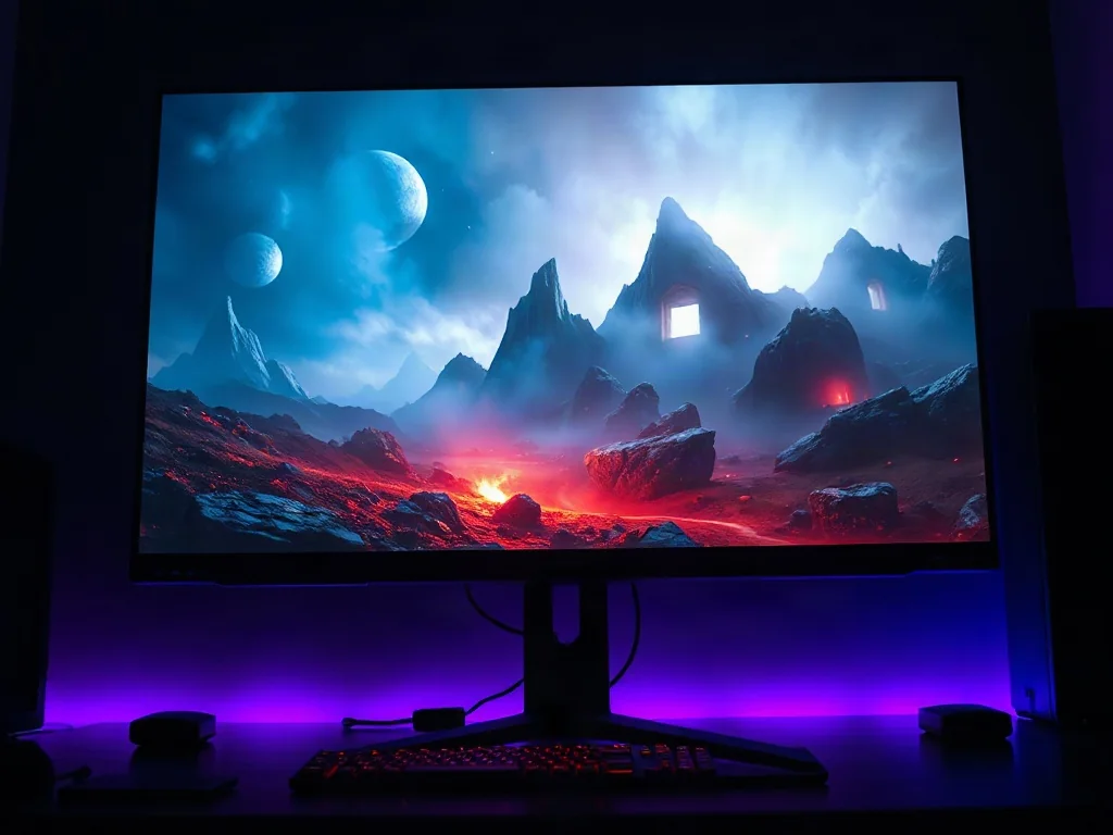 Monitor gamingowy wyświetlający nasycony krajobraz fantasy, prezentujący głębię kontrastu i żywe kolory technologii HDR.
