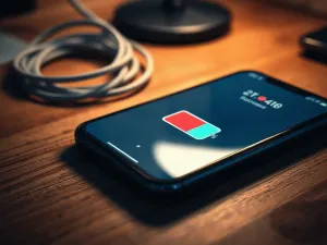 Smartfon podłączony do kabla ładowania na drewnianym biurku, z rozmytą ikoną niskiego poziomu baterii w tle.