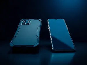 Smartfon z uproszczonym, czytelnym interfejsem leżący na drewnianym biurku w przytulnym, słonecznym wnętrzu.