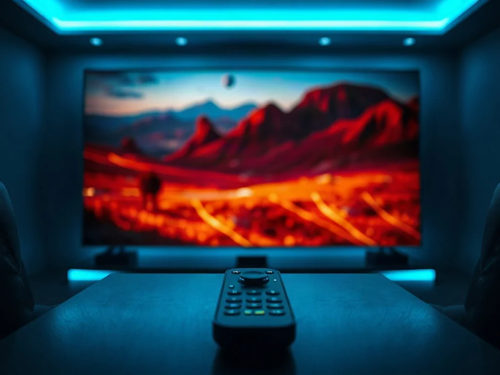 Wysokiej jakości telewizor 8K wyświetlający krajobraz o szerokiej rozpiętości tonalnej w przytulnym kinie domowym.