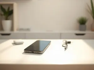 Wysokiej jakości adapter USB-C na jack 3,5 mm leżący na drewnianym biurku obok słuchawek przewodowych.