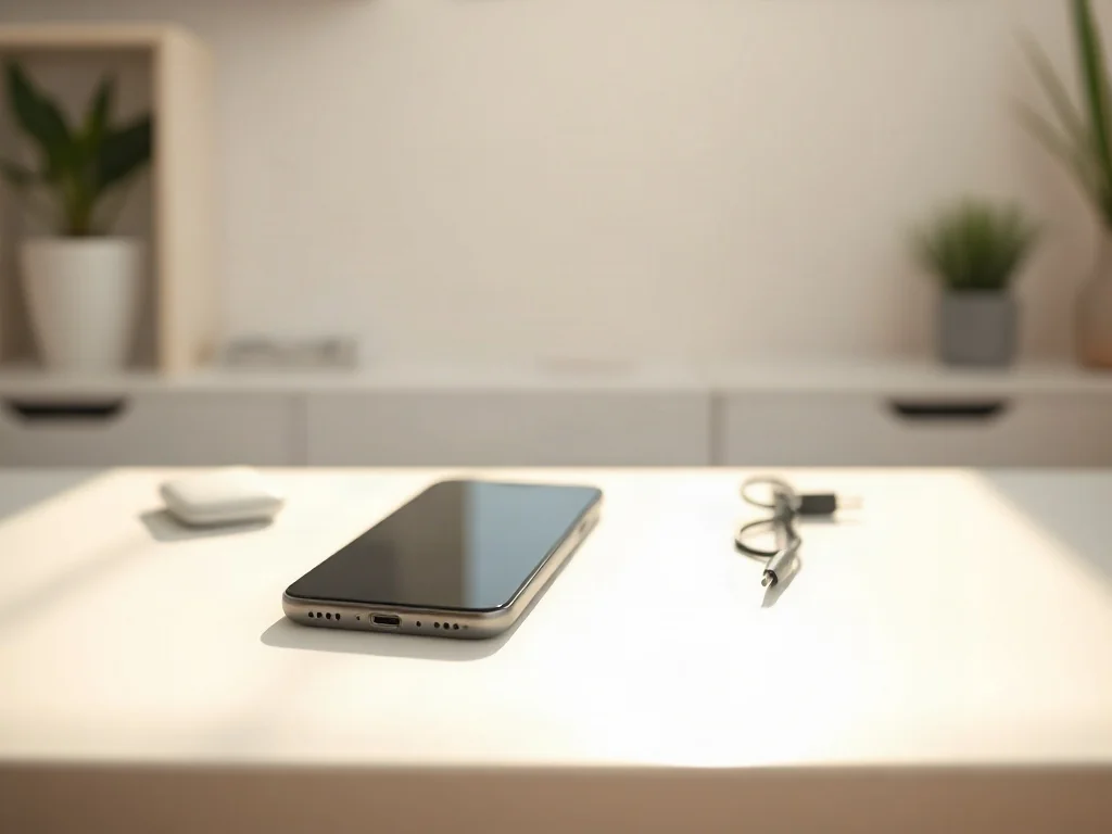 Nowy, budżetowy smartfon z kablem do ładowania leżący na biurku, gotowy do rozpoczęcia konfiguracji.