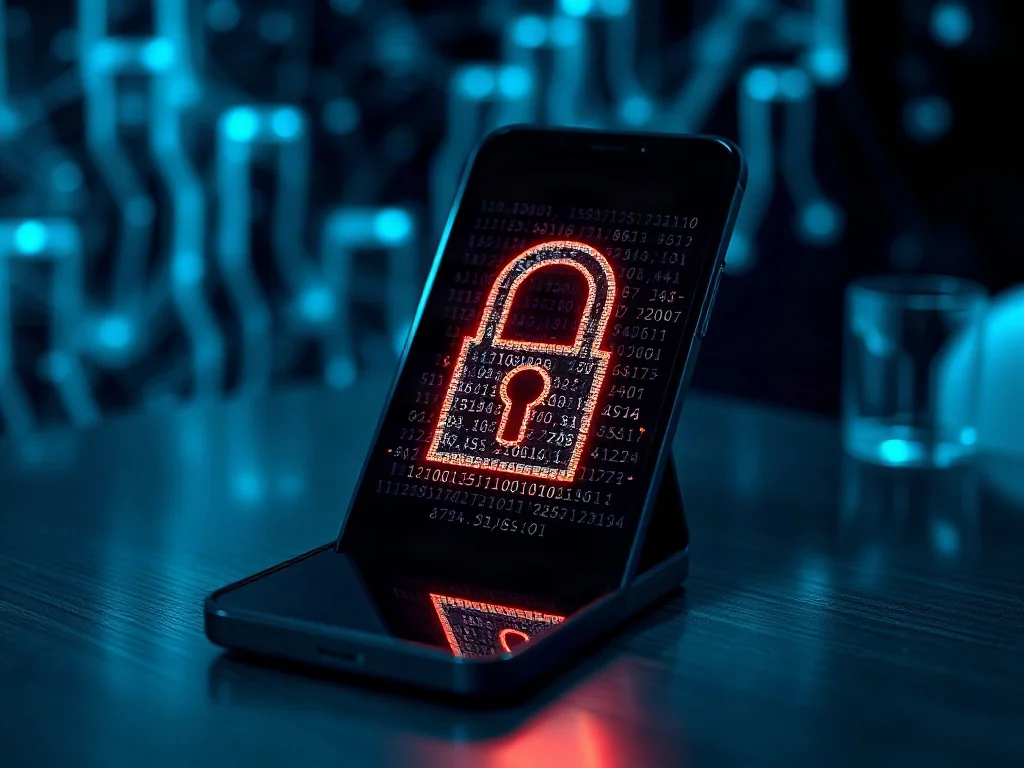 Nowoczesny smartfon z cyfrową kłódką z kodu binarnego na ekranie, symbolizujący zaawansowane zabezpieczenia danych.