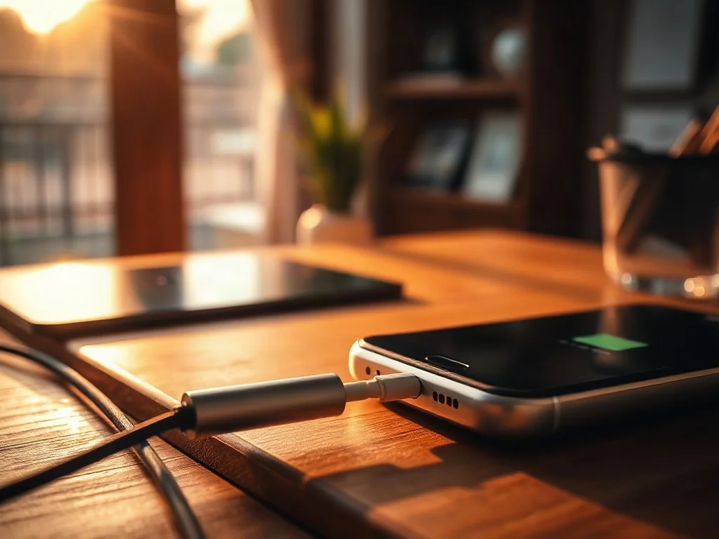 Nowoczesny smartfon podłączony do ładowarki na drewnianym biurku w ciepłym świetle popołudniowego słońca.