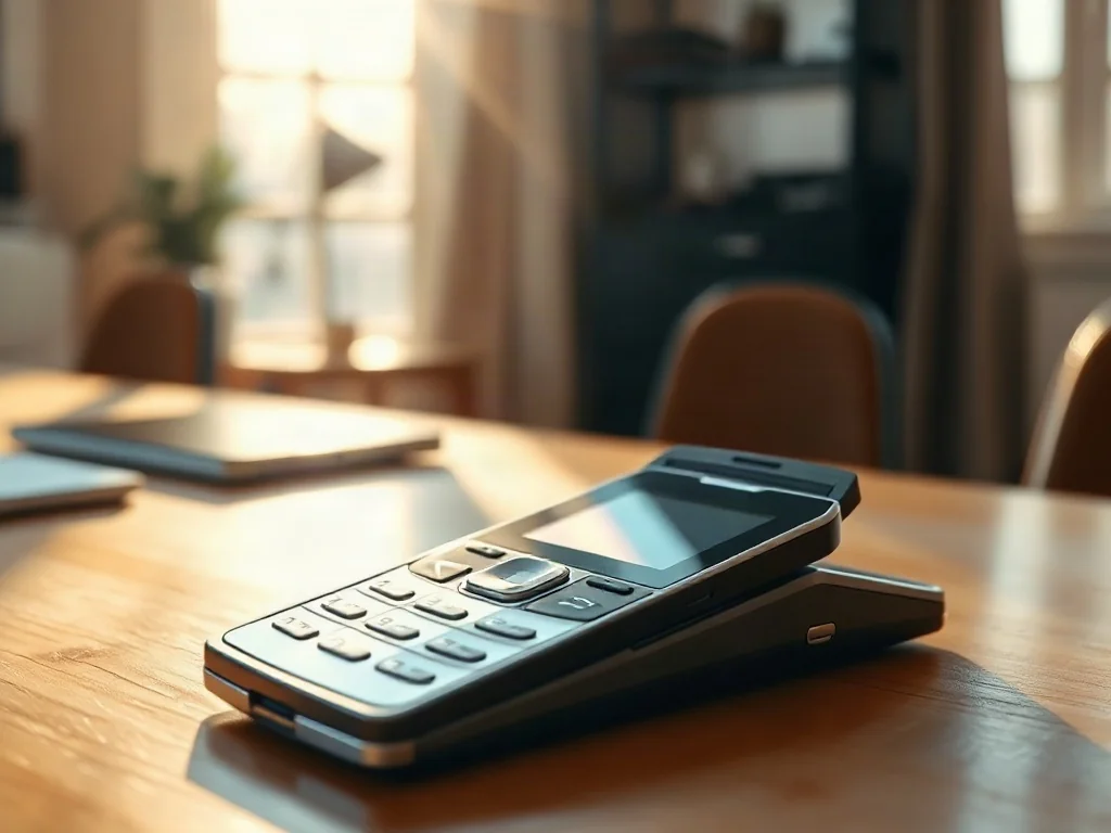 Nowoczesny telefon z klapką leżący na drewnianym biurku w promieniach porannego słońca.