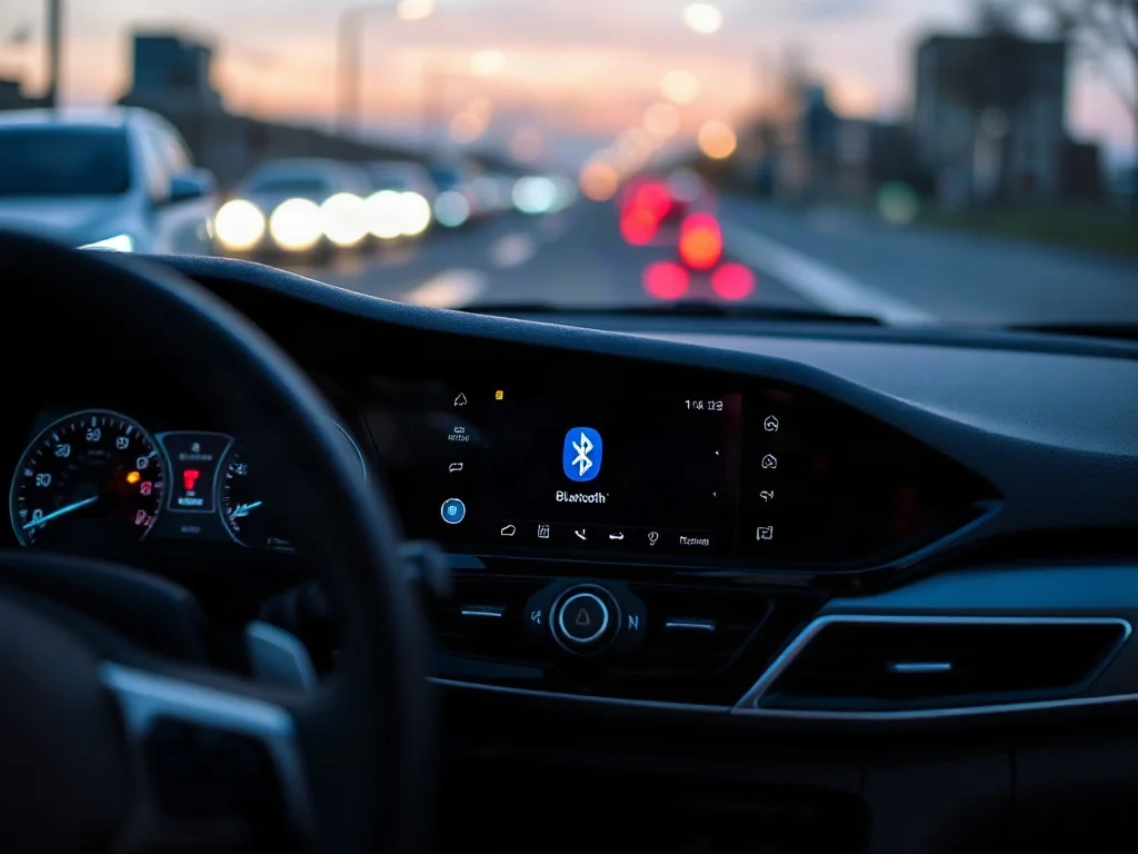Ekran dotykowy w samochodzie z widoczną ikoną parowania Bluetooth podczas wieczornej jazdy.