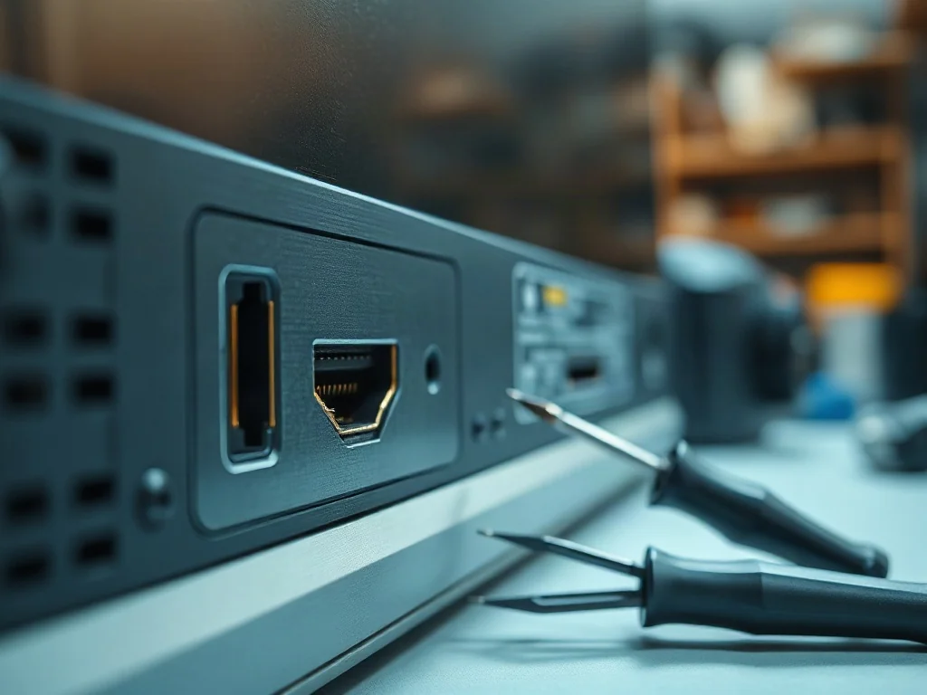Zbliżenie na uszkodzony port HDMI w telewizorze oraz zestaw precyzyjnych narzędzi przygotowanych do profesjonalnej naprawy.
