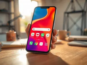 Nowoczesny smartfon leżący na biurku z ikoną ładowania systemu na ekranie, symbolizującą problemy z wydajnością urządzenia.