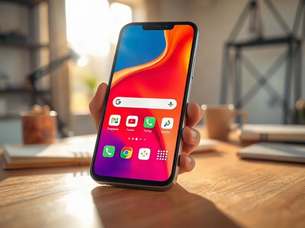 Nowoczesny smartfon z kolorowym interfejsem na ekranie, leżący na drewnianym biurku w słonecznym domowym biurze.