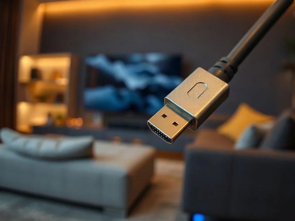 Wtyczka kabla HDMI wpięta do portu telewizora w nowoczesnym kinie domowym.
