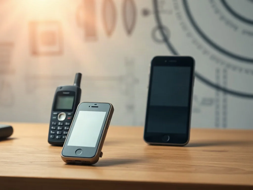 Ewolucja telefonii komórkowej przedstawiona poprzez zestawienie zabytkowego modelu z nowoczesnym smartfonem na drewnianym stole.