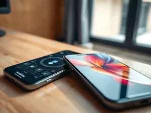 Smartfon leżący na biurku obok ściereczki z mikrofibry i płynu do dezynfekcji, gotowy do bezpiecznego czyszczenia.