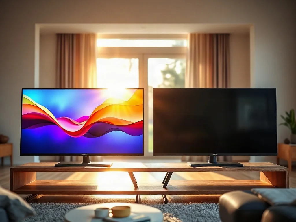 Dwa nowoczesne telewizory z różnymi interfejsami systemów smart TV ustawione obok siebie w jasnym salonie.